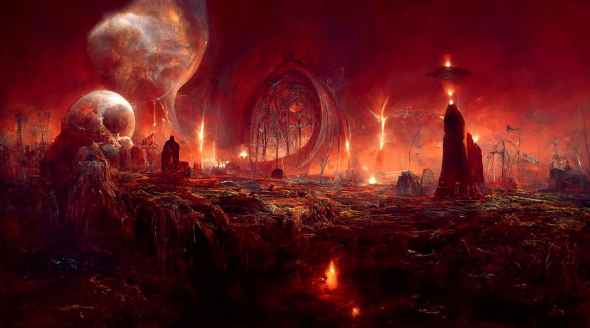 Alien World: Apocalyptic Sci-Fi Ruins in Hellish Blazes