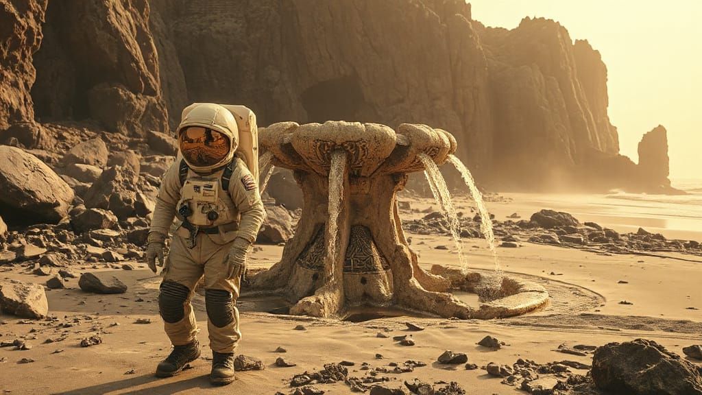 Astronaut Finds Aztec Fountain in Alien Ruins