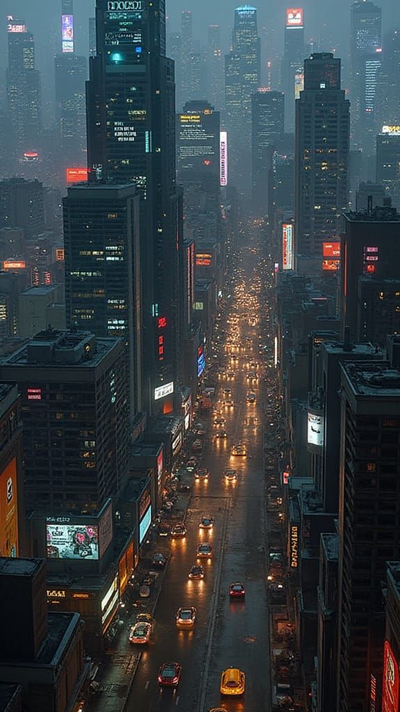 Cyberpunk Metropolis at Night: Neon and Skyscrapers