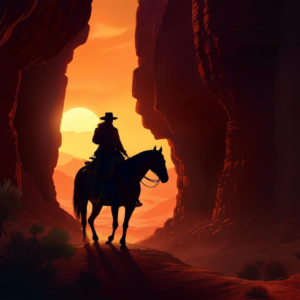 Cowboy Silhouette in Desert Canyon: Fantasy Art