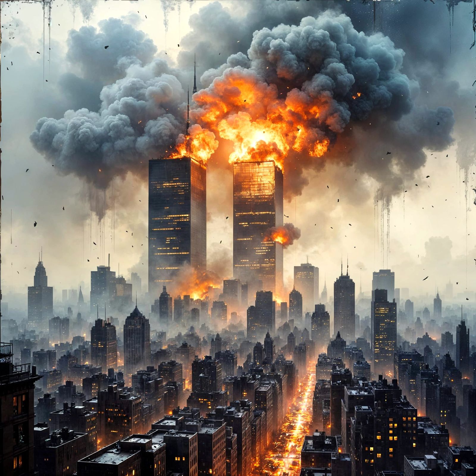 NYC Twin Towers Exploding in Dramatic Monochrome