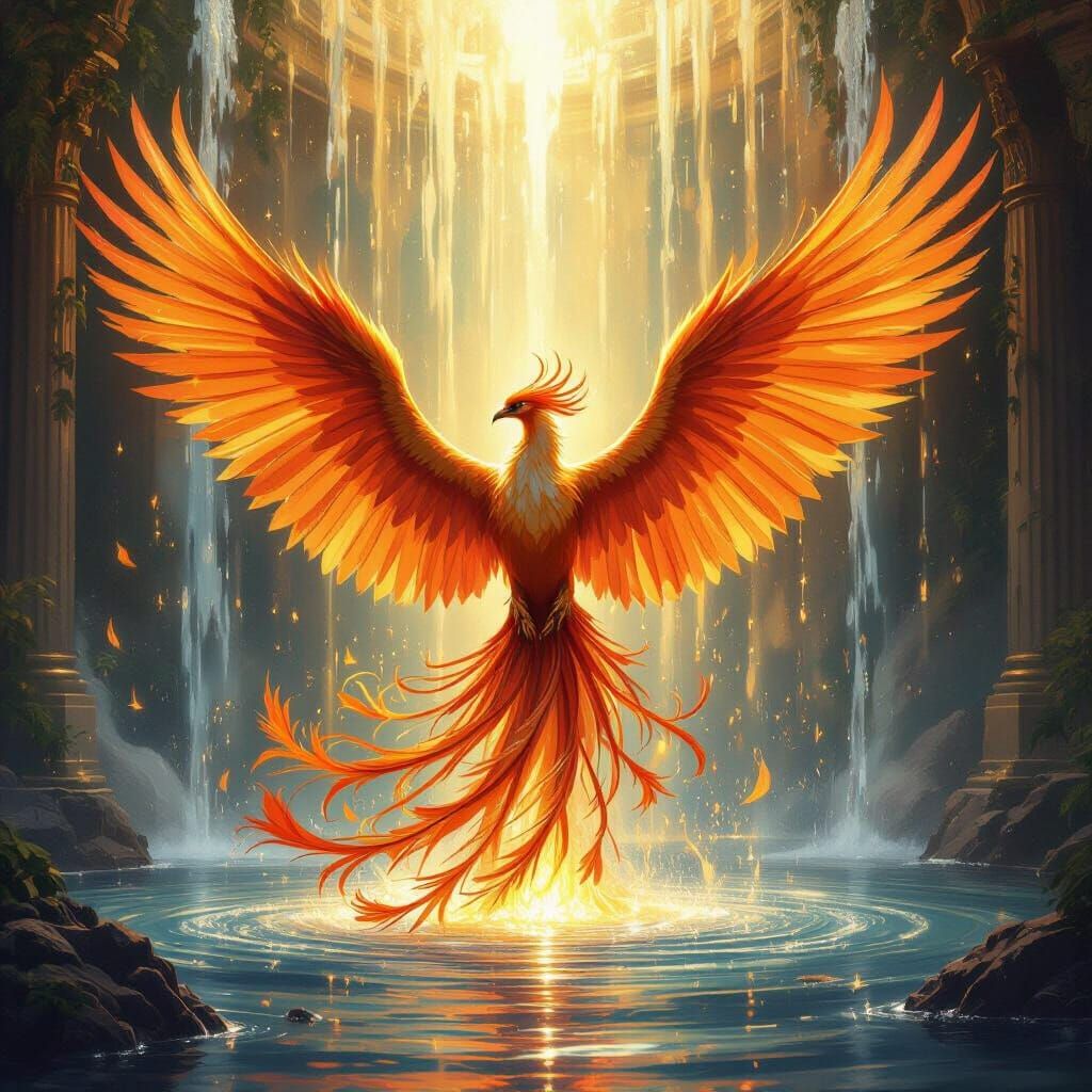 A majestic phoenix, wings spread wide, emerging from a celes...