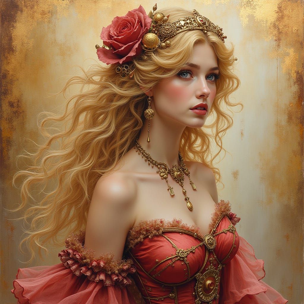 Romantic Steampunk Goddess in Vibrant Metallic Hues