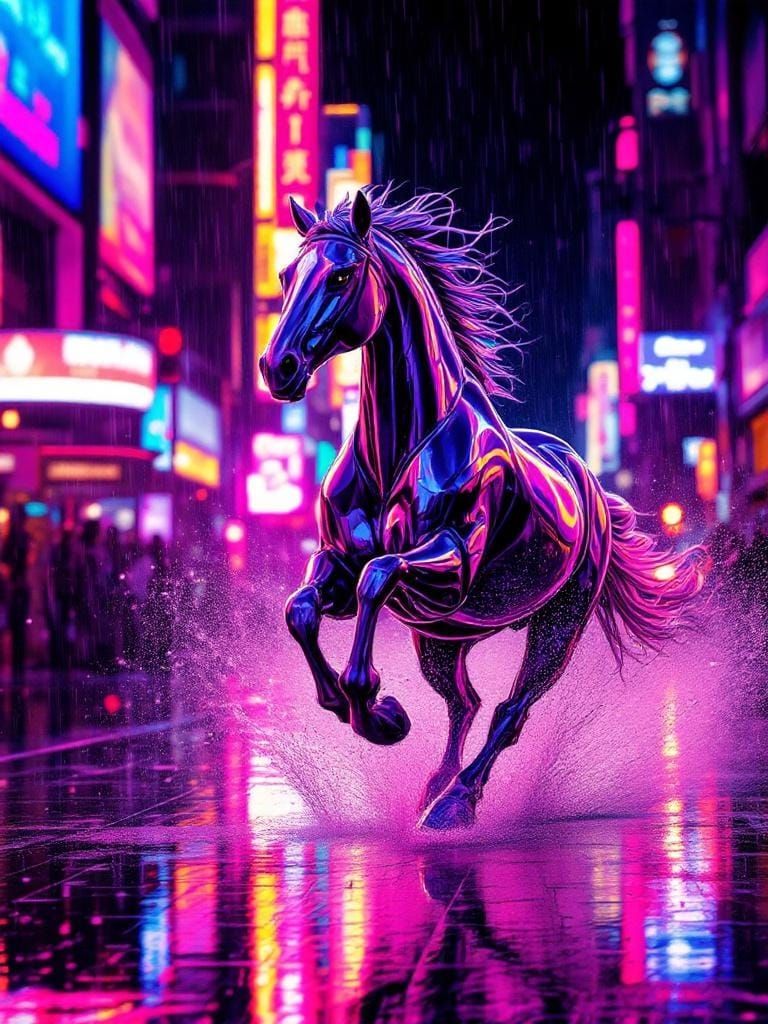 Horse Running Free in Dystopian Neon Noir