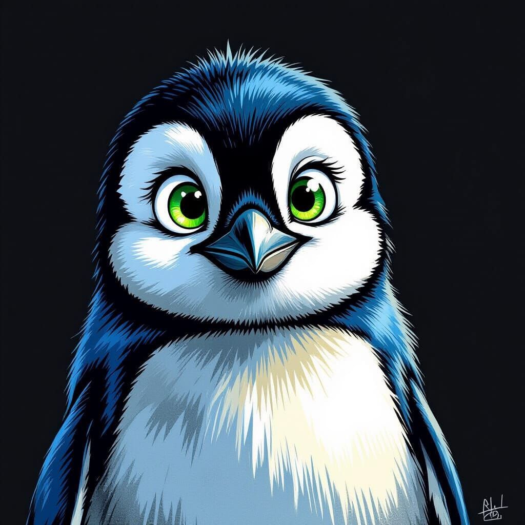 Blue Cartoon Penguin with Green Eyes in Charcoal