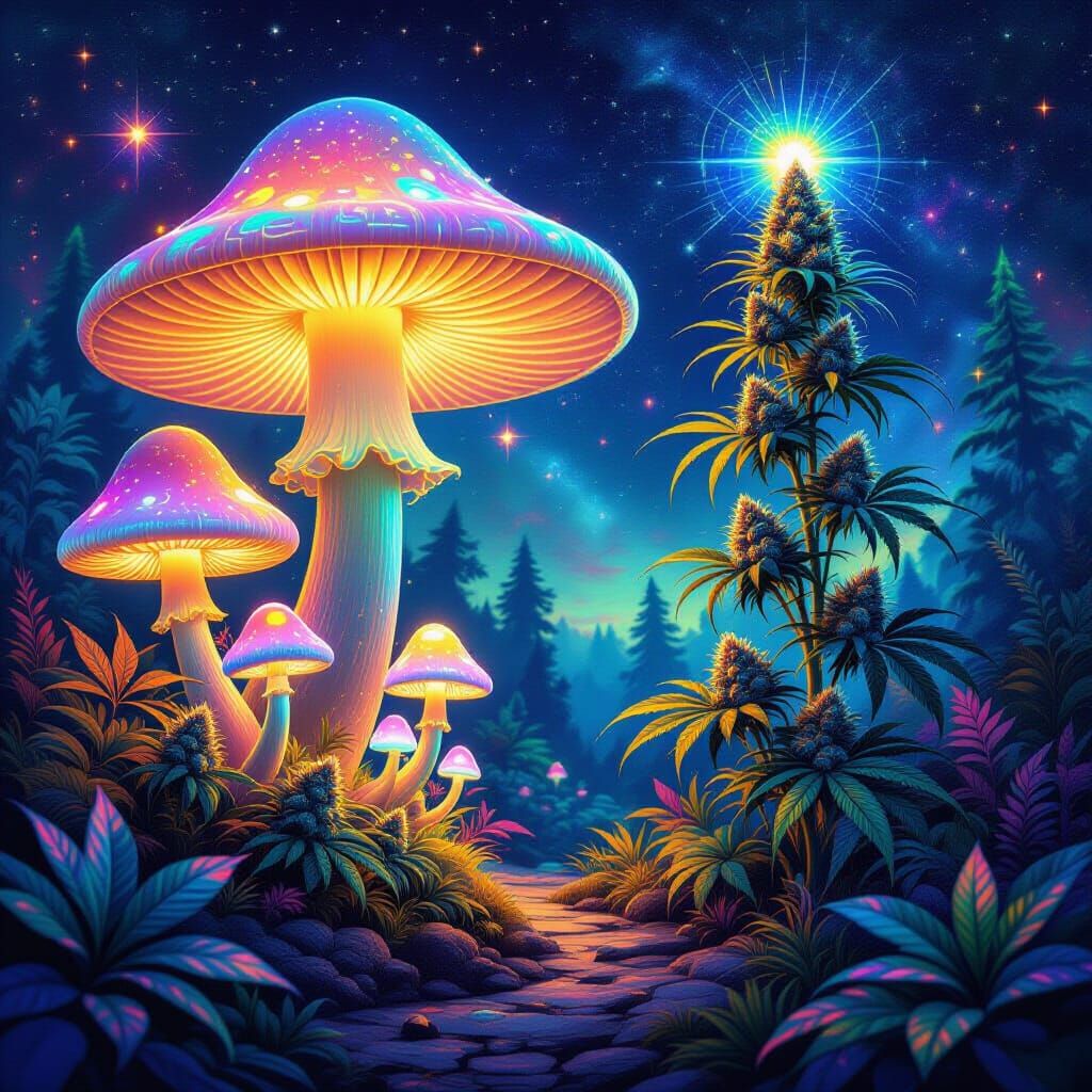 Psychedelic Mushroom Garden with Bioluminescent Aliens