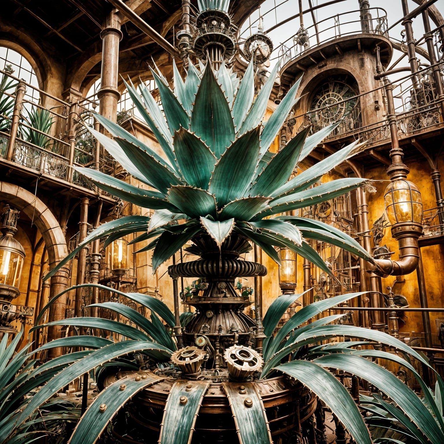 Agave Plant Rube Goldberg Tequila Bottles in Art Nouveau Ste...