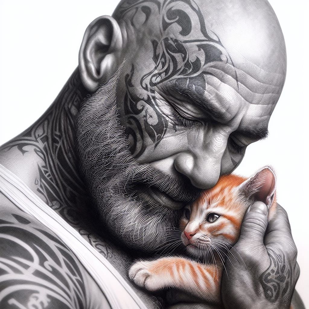 Tender Moment: Bald Man Cradling Kitten Sketch