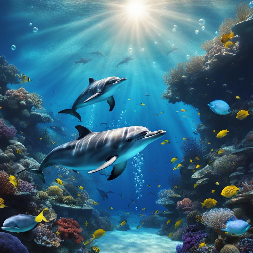 Underwater Atlantis Scene with Dolphins