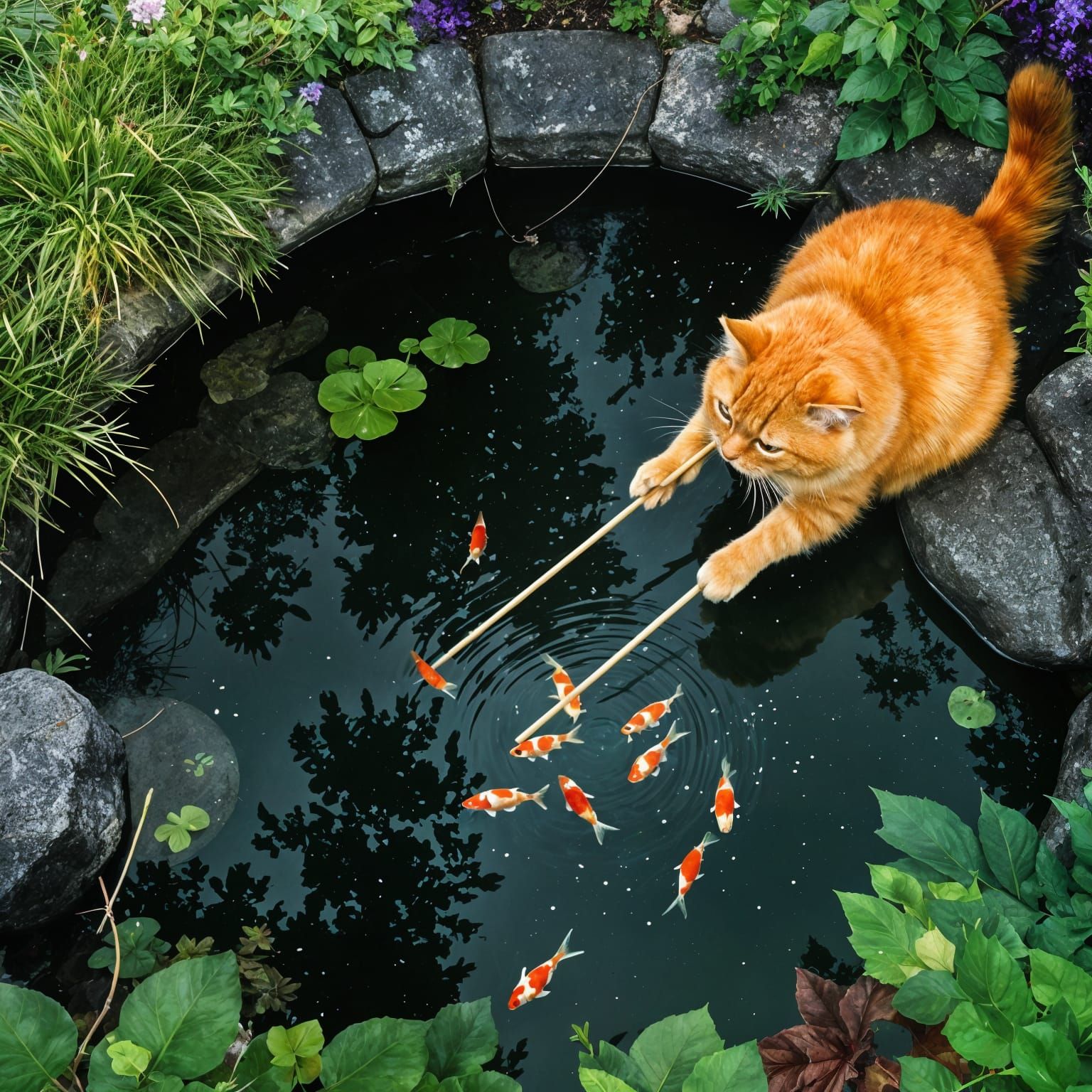 Cat Fishing with Chopsticks in Lush Garden Pond