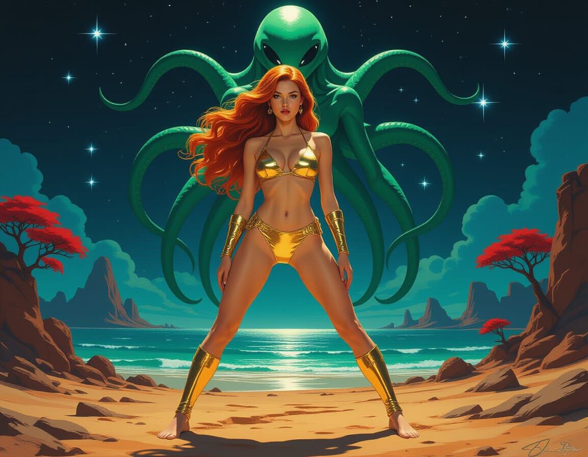 Alien Woman and Red-Haired Clone in Desolate Landscape