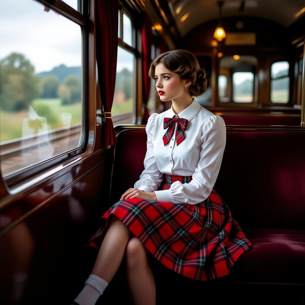 Young Woman in School Uniform on Vintage Train