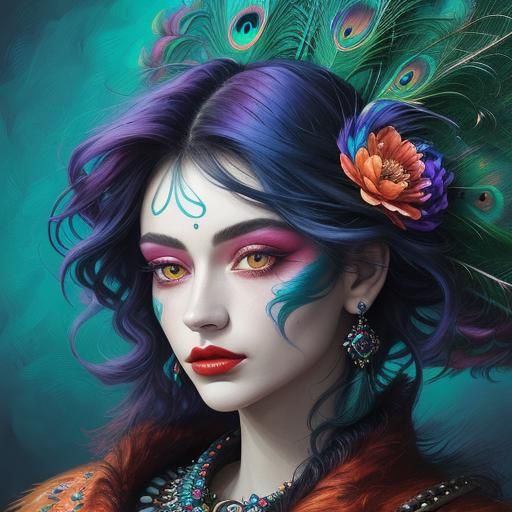 Rainbow Woman Portrait in Abstract Expressionist Style