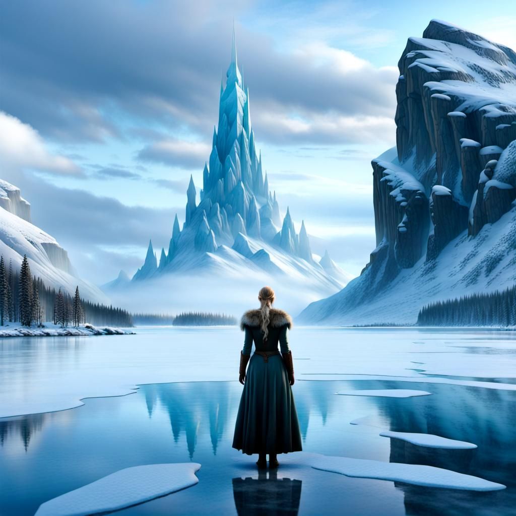 Giant Woman Over Frozen Lake Norse Scenery