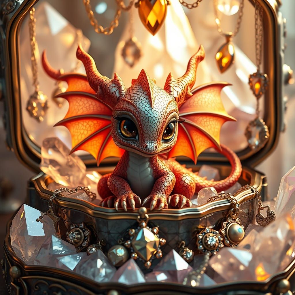 Delicate Baby Dragon Surrounded by Crystal Treasures