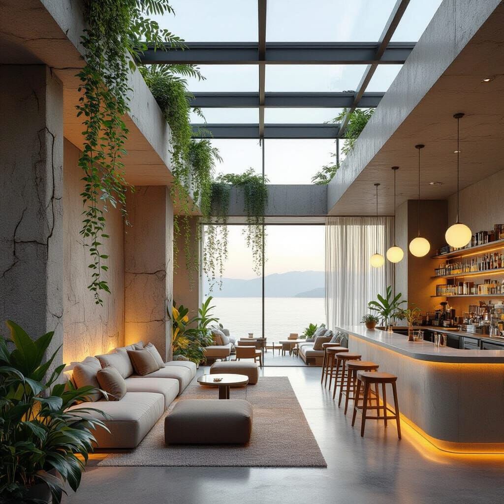 Modern Concrete Cafe With Plants Overlooking Water