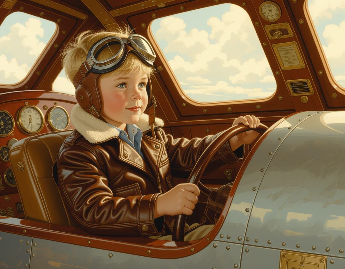 Boy Pilot in Retro Spaceship, Golden Age Illustration