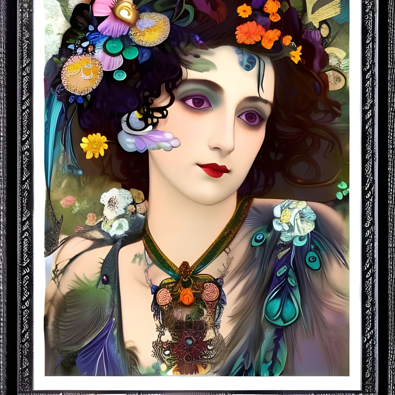 Art Nouveau Goth with Flowers and Peacock Feathers