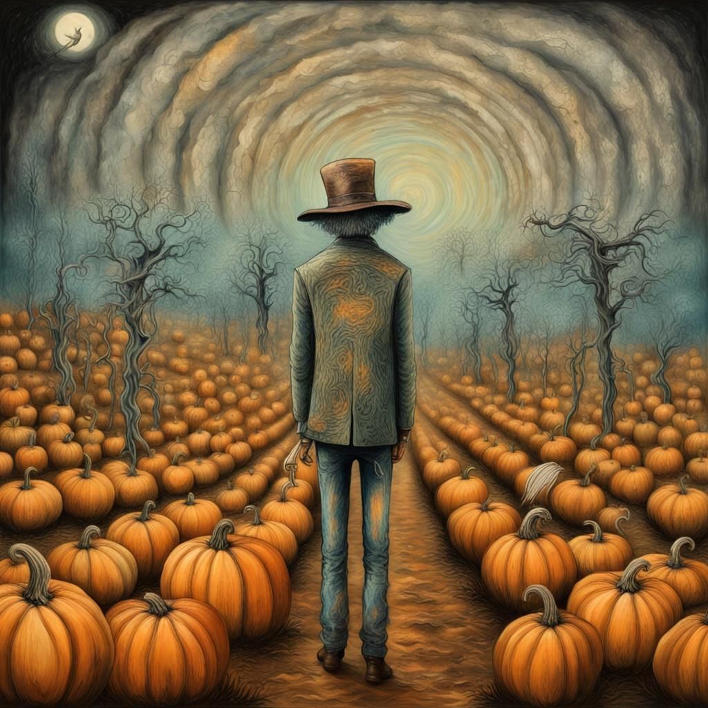 Surreal Figure in Pumpkin Patch: Futuristic Art