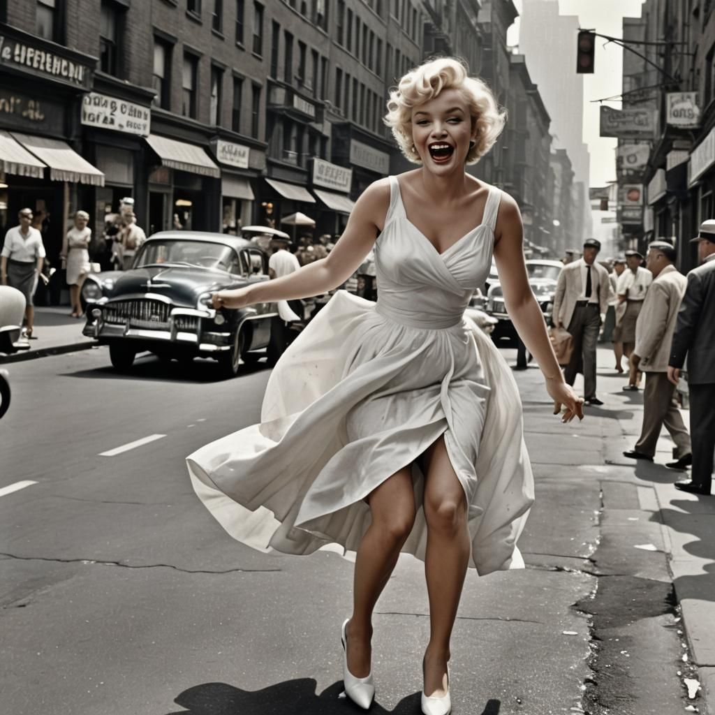 marilyn monroe in a pure white dress as shown in the movie seven year itch, black and white, her white dress blown up by...
