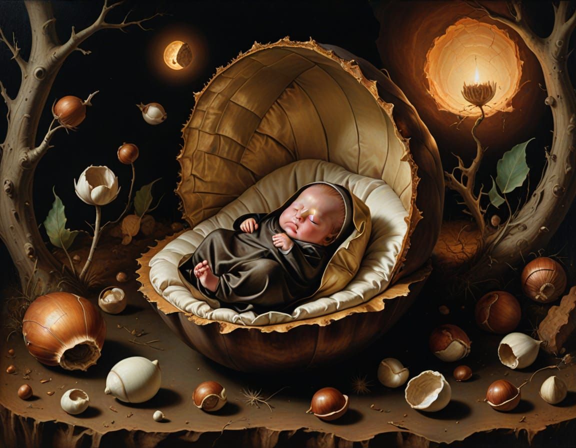 Surreal Baby Sleeping in Giant Nut Shell