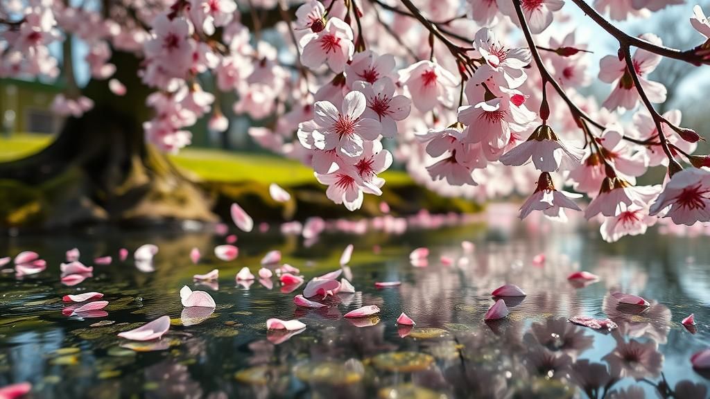 Cherry Blossom Petals Grace a Sparkling Pond