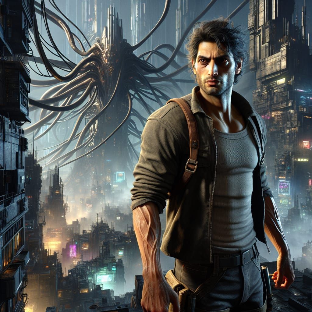 Keiro Faces Incarceron in Gritty Futuristic Cityscape