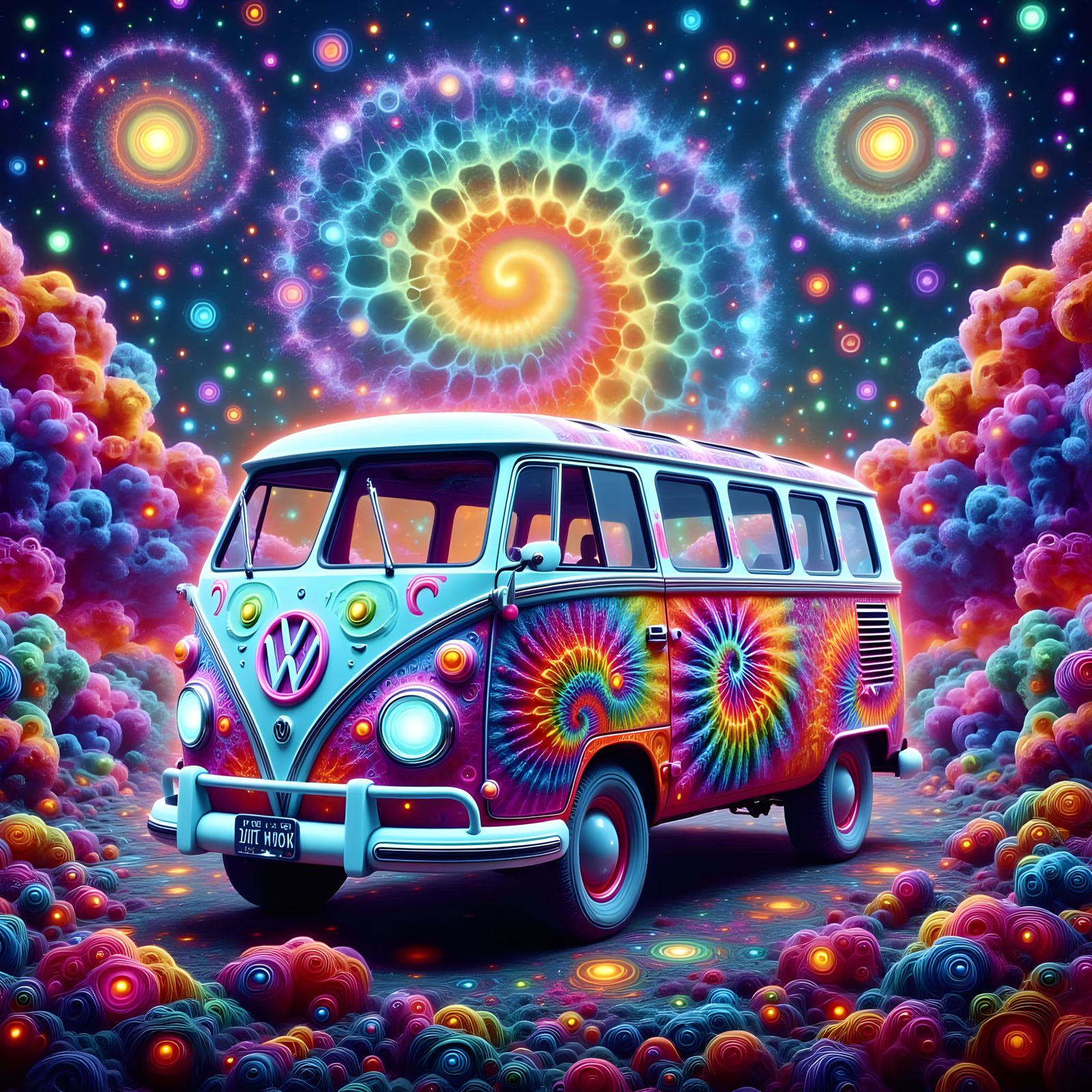 Psychedelic Tie-Dye VW Van in Cosmic Cloudscape