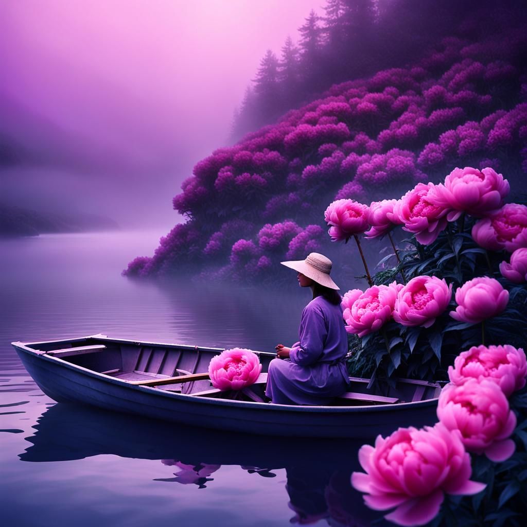 Peony Rowboat Drifting in Fog: Fantasy Poster Art