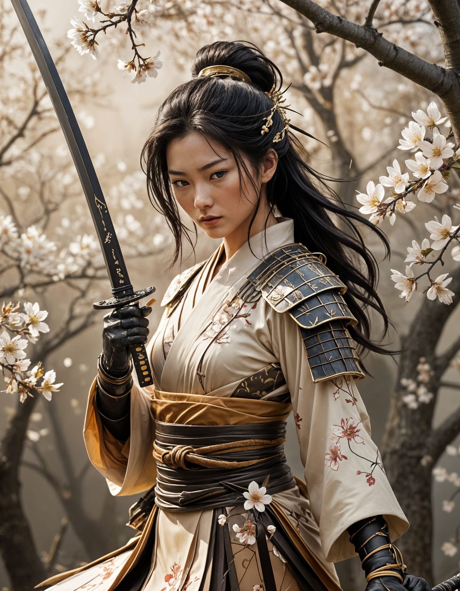 Elegant Cyberpunk Samurai in Sepia Tone