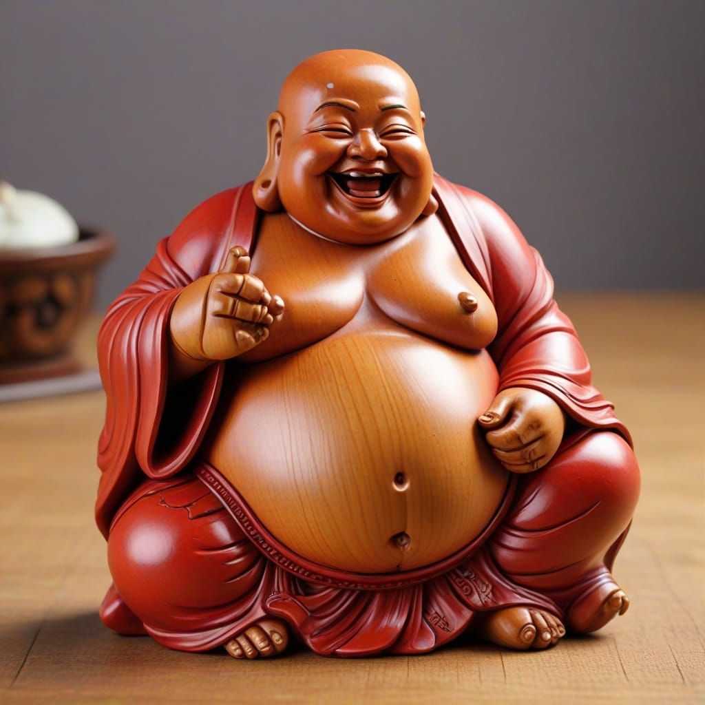 Red Wooden Laughing Buddha Figurine