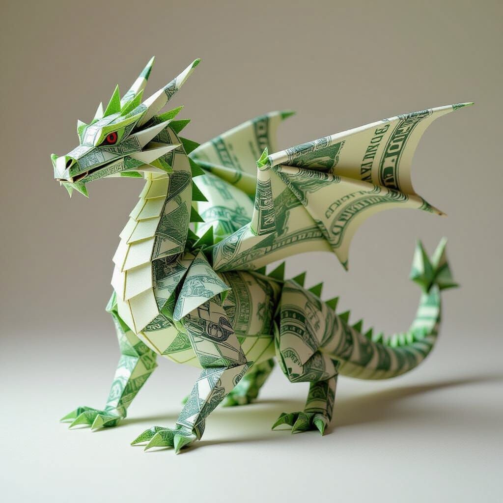 Origami Dragon Folded From Dollar Bills in Hyperrealistic St...