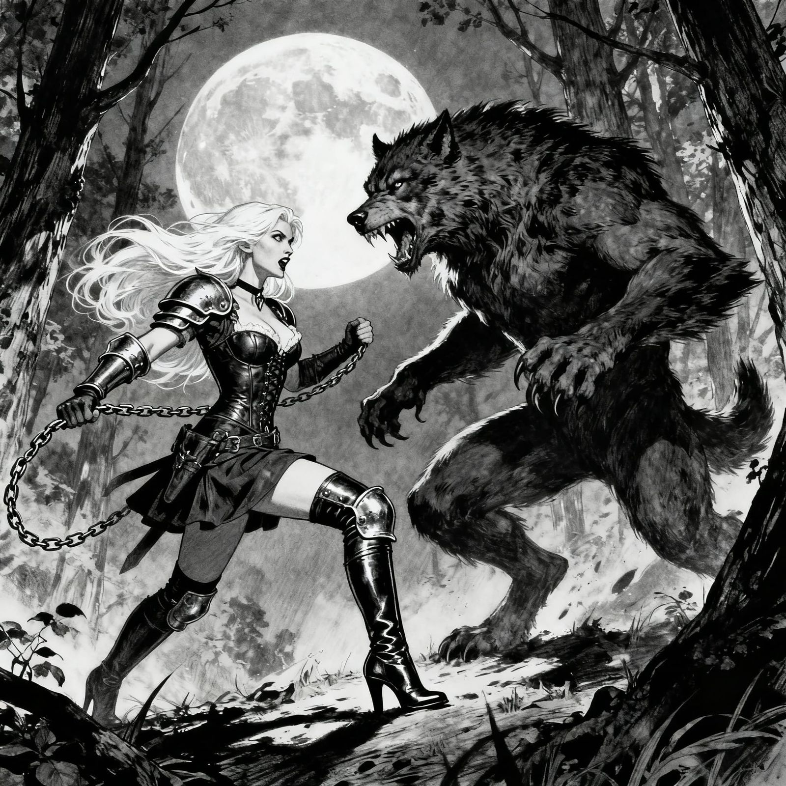 Vampire Hunter Battles Werewolf in Dramatic Sketch Style
