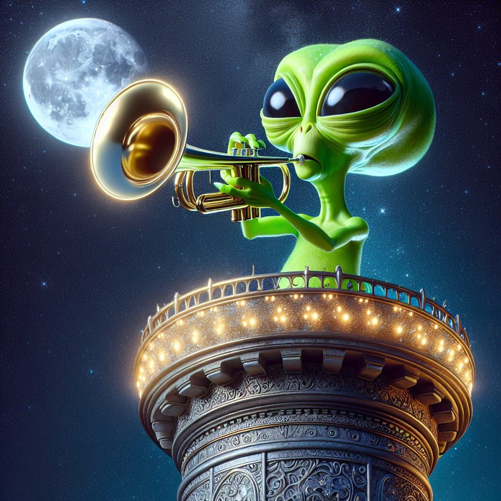 A green alien with buggy eyes playing a trumpet on top of a ...