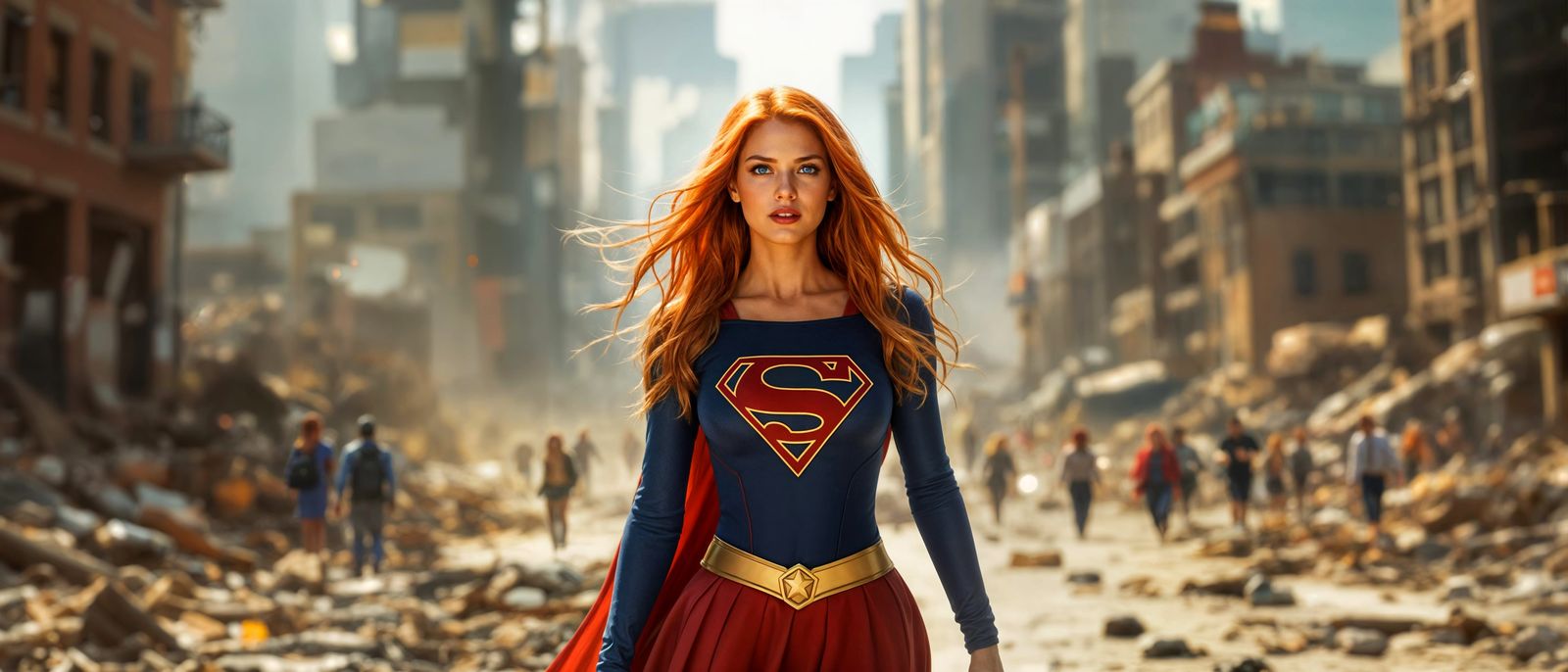 Stunning Redheaded Supergirl in Ruined Cityscape
