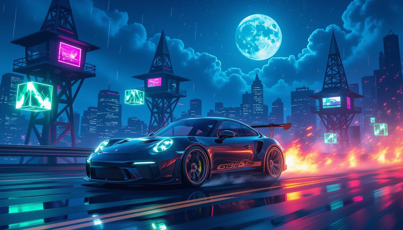 Black GT3RS Speeds Through Rainy Futuristic City