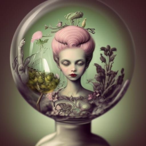 Surreal Fashion Girl with Botanical Globe Head