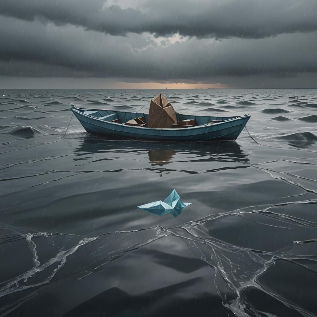 Glass Origami Boat Amidst Stormy Seas in Cyberpunk Style
