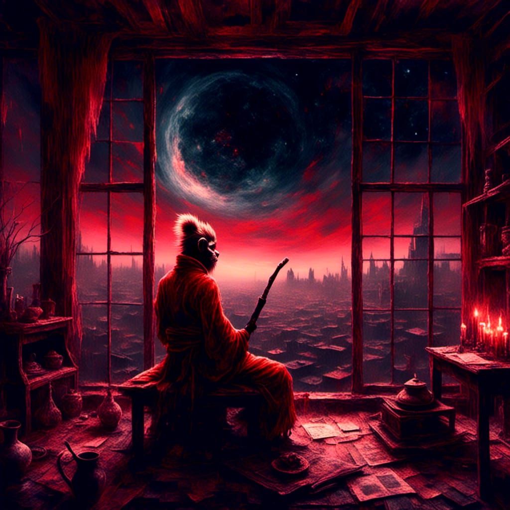 Sun Wukong Observes Starry Night in Feudal Japan