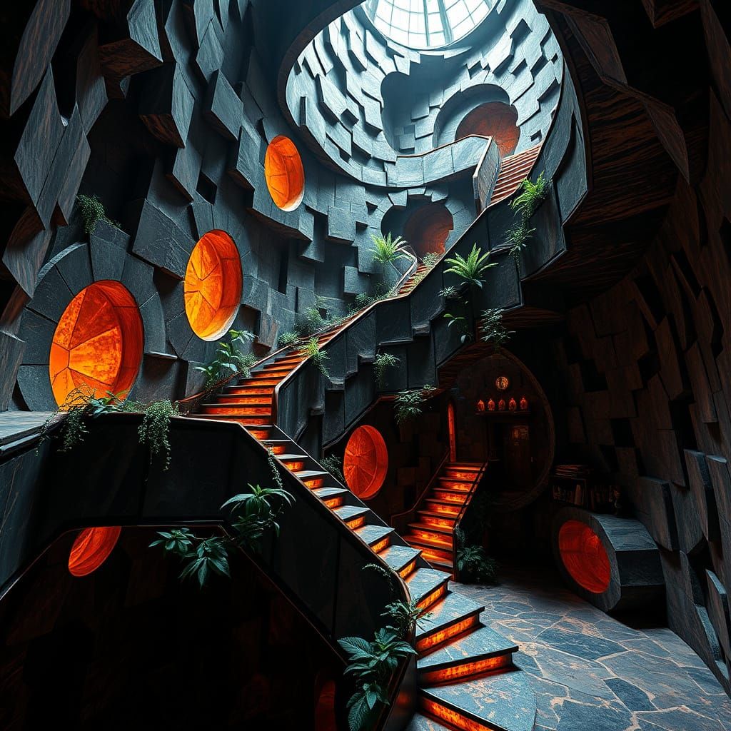 Surreal Escher-like Obsidian Staircase with Alien Flora