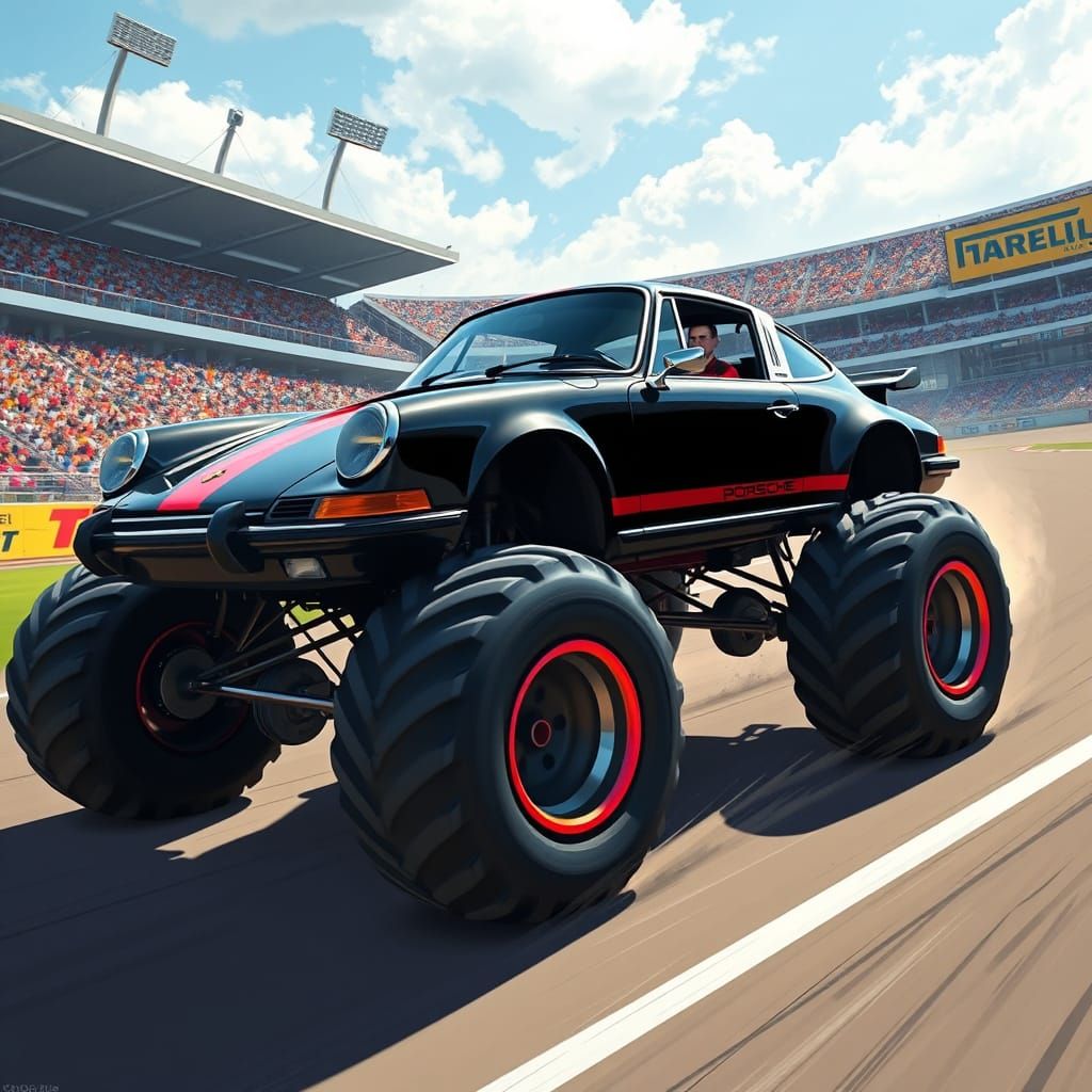 Porsche 911 on Monster Truck Tires in Stadium