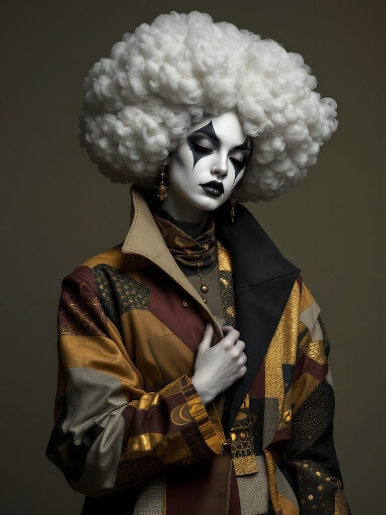 Elegant Harlequin Queen in Art Deco Folk Art Style