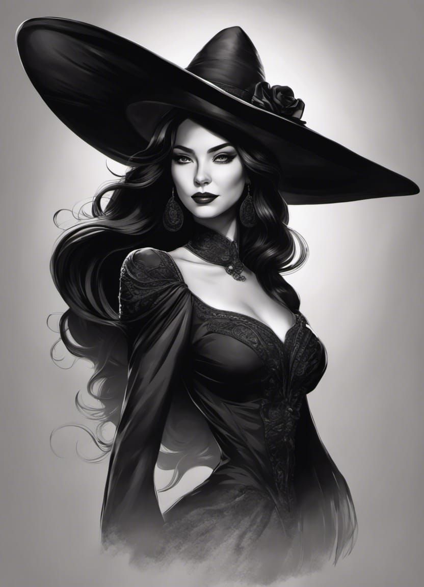 Elegant Witch in Noir Dress Digital Painting