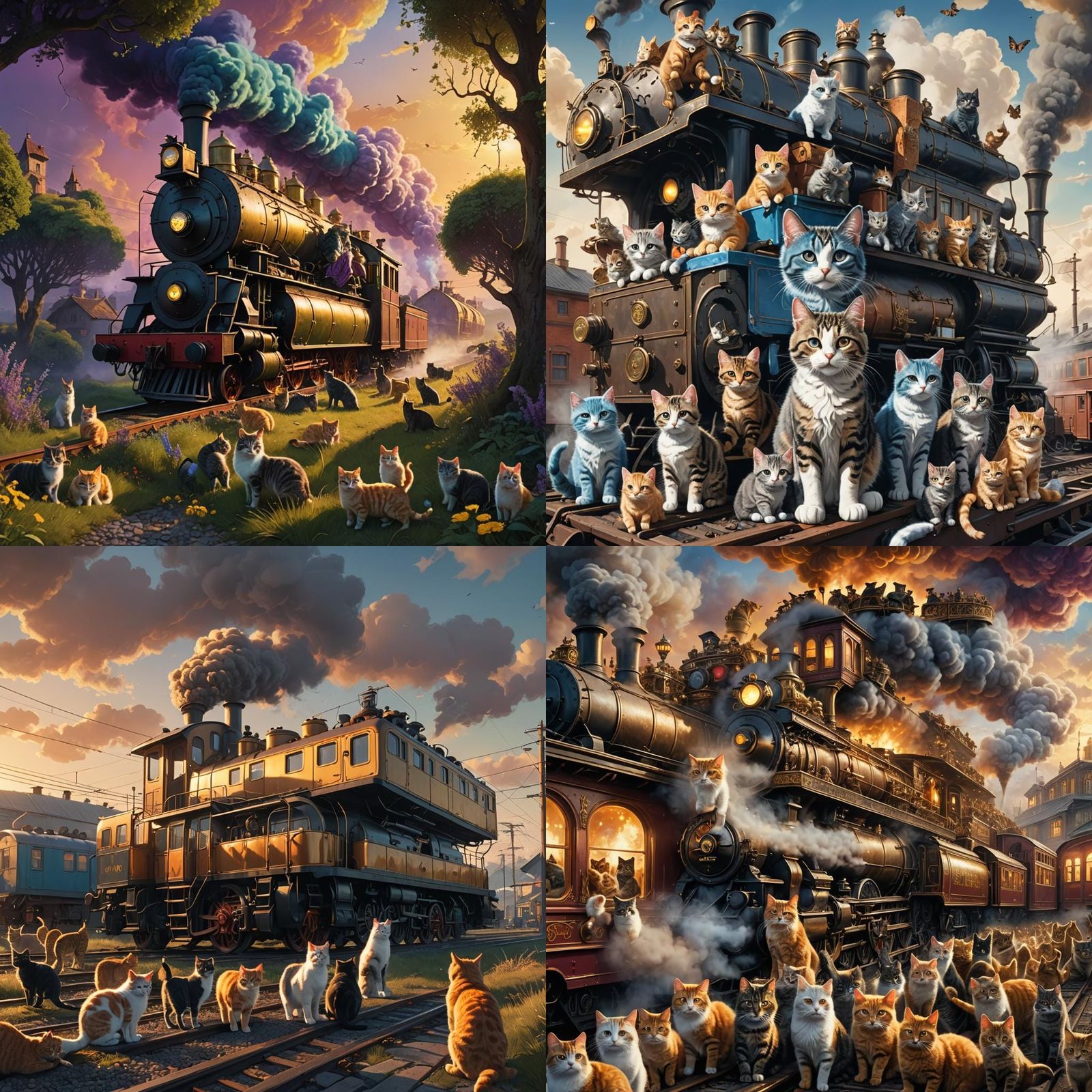 Steam Train Overflowing with Cats: Detailed Matte Painting