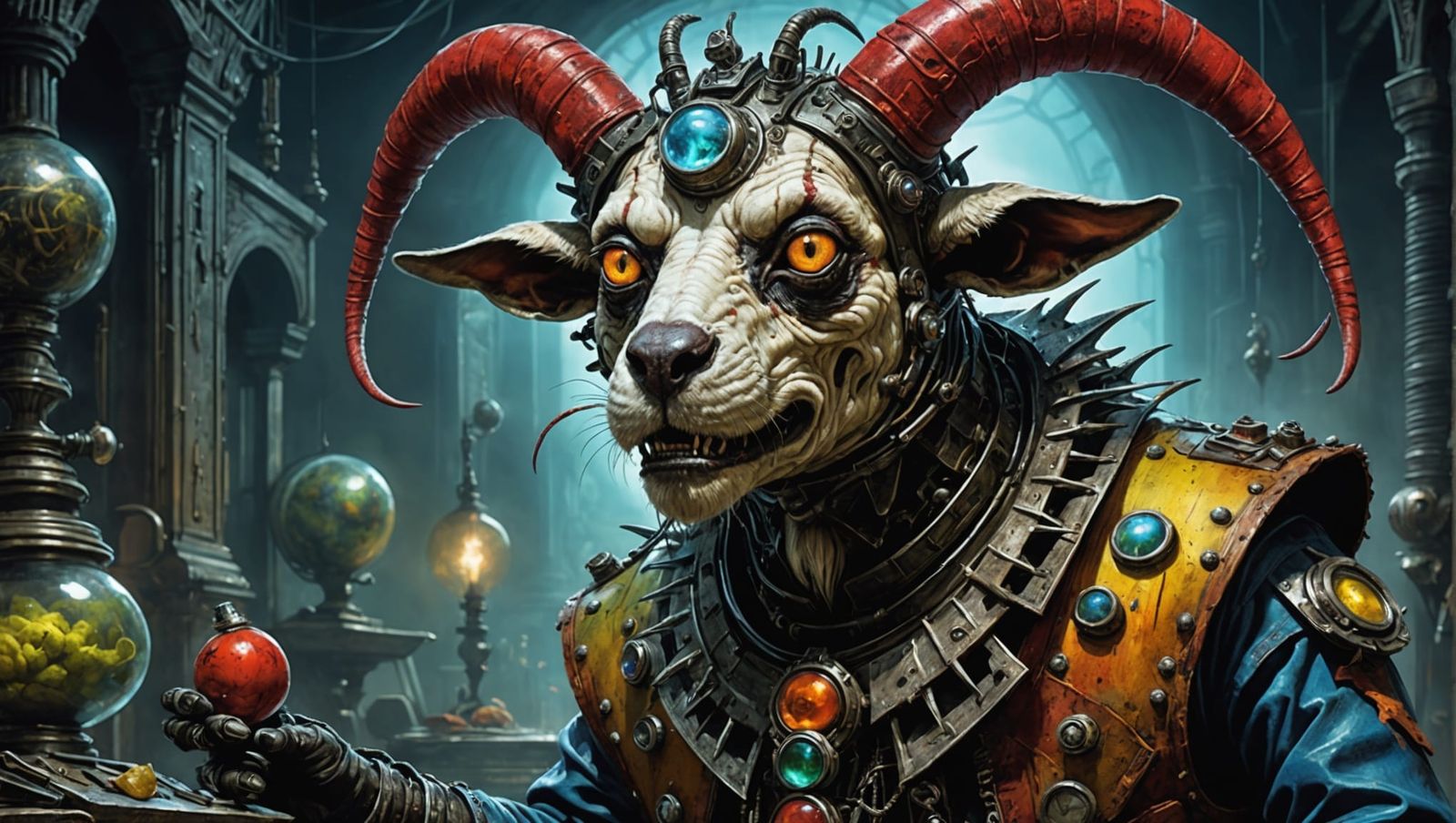 Horrific Cyberpunk Dog-Goat Clown in Surrealist Style