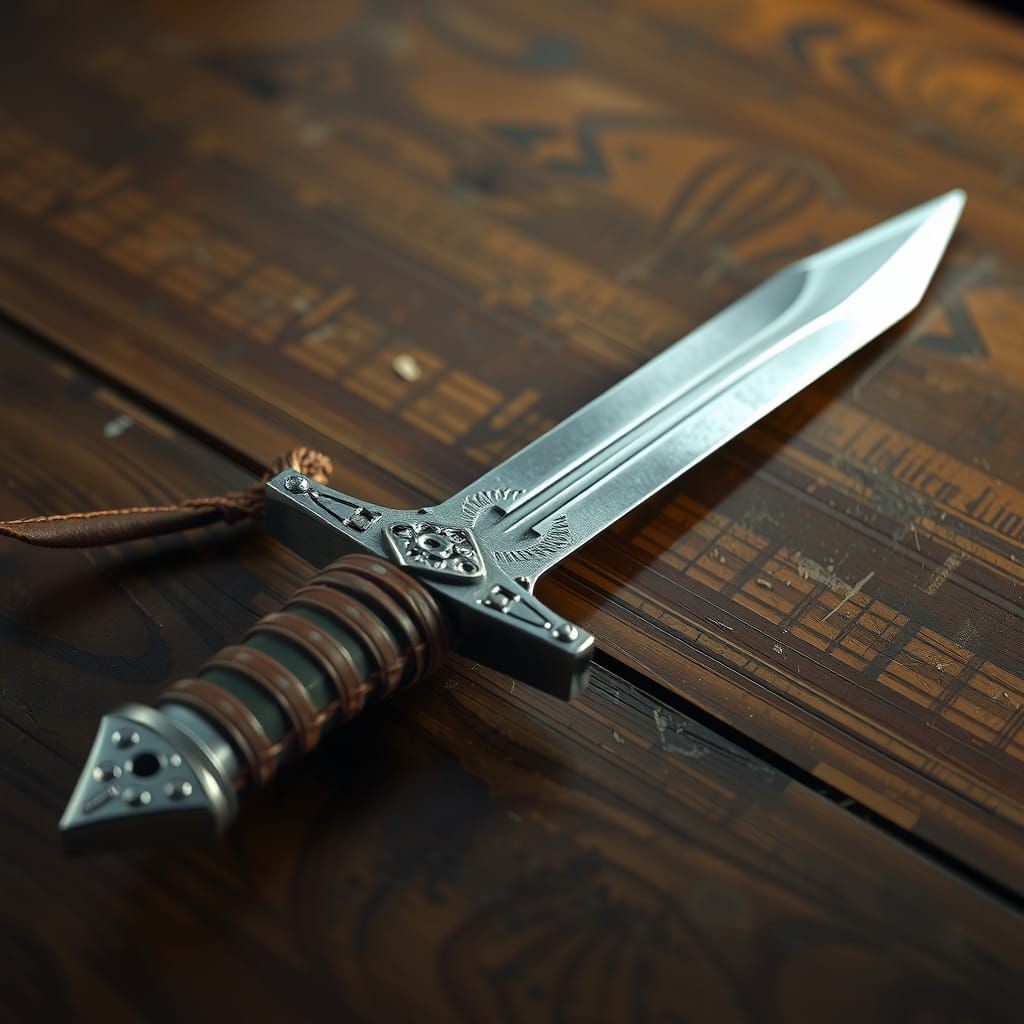 Medieval Combat Dagger on Wooden Table: Photorealistic Detai...