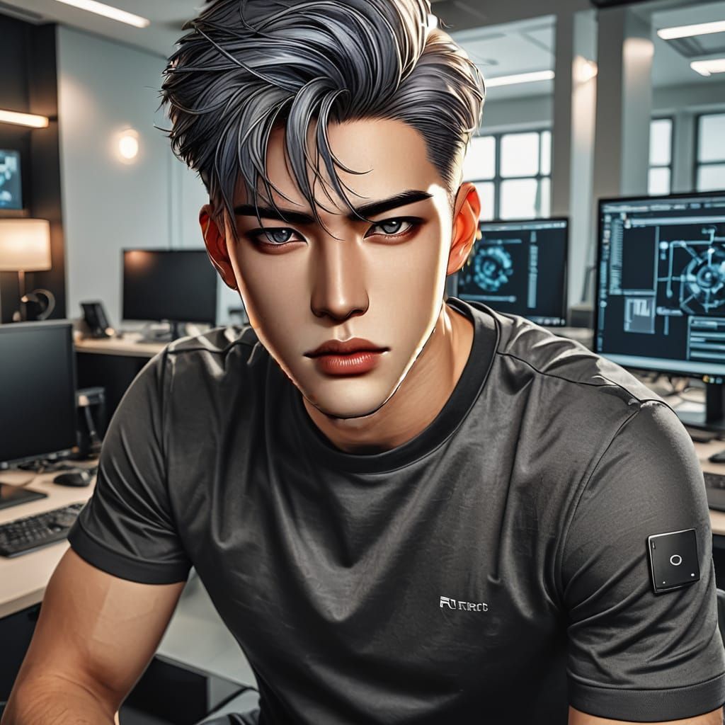 Man in Modern Room with Quantum Computers