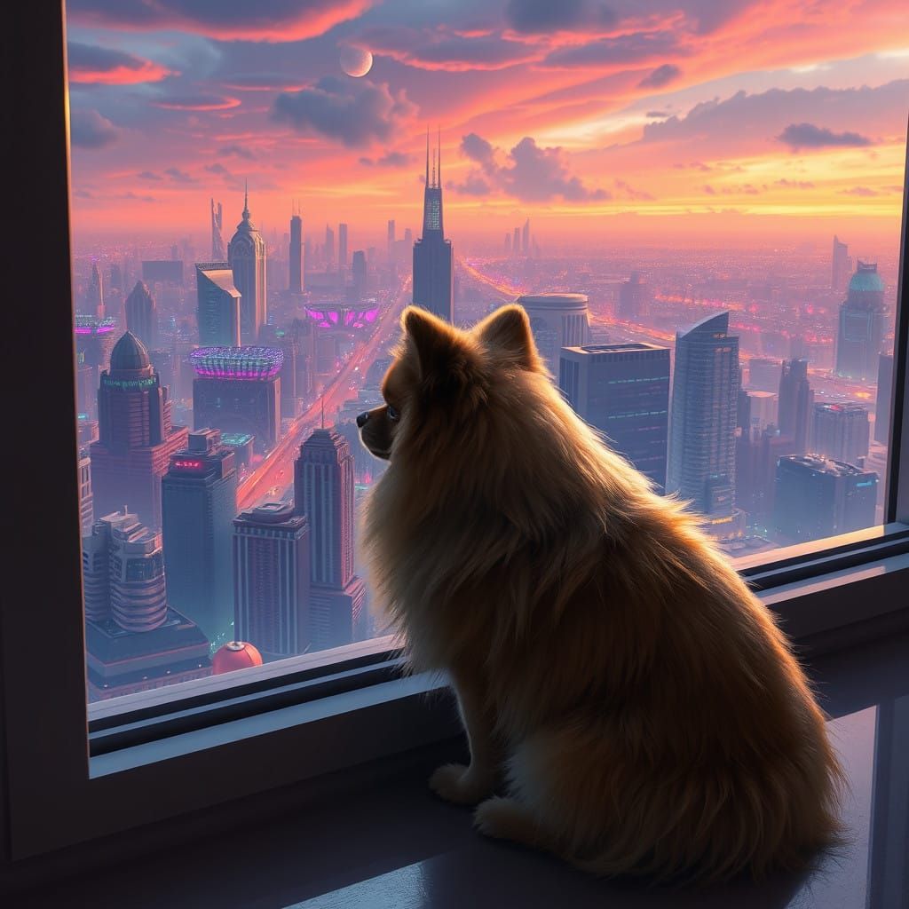 Fantastical Pomeranian Gazing Out at a Futuristic Metropolis