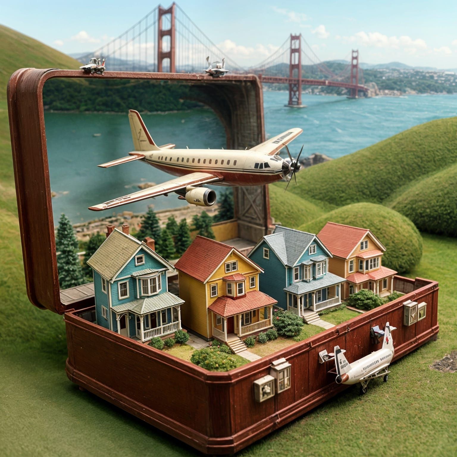 Diorama of Airplane Over San Francisco Houses with Golden Ga...
