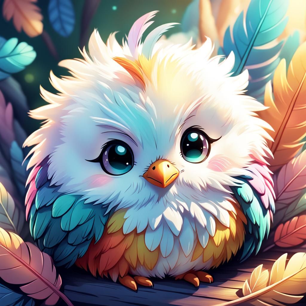 Sleepy Chibi Fluffy Bird Digital Illustration
